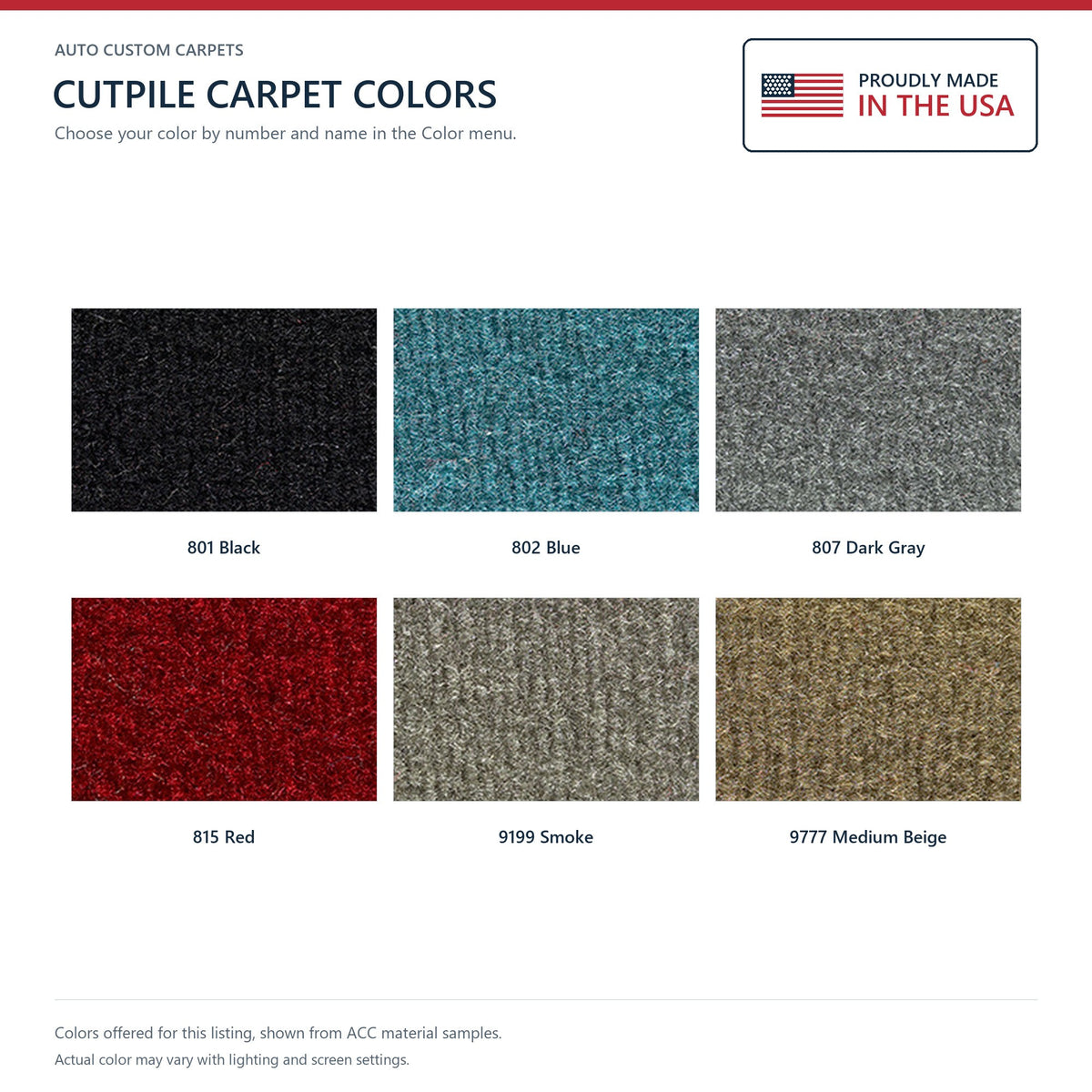 ACC Cutpile color options for this listing - Proudly Made in the USA