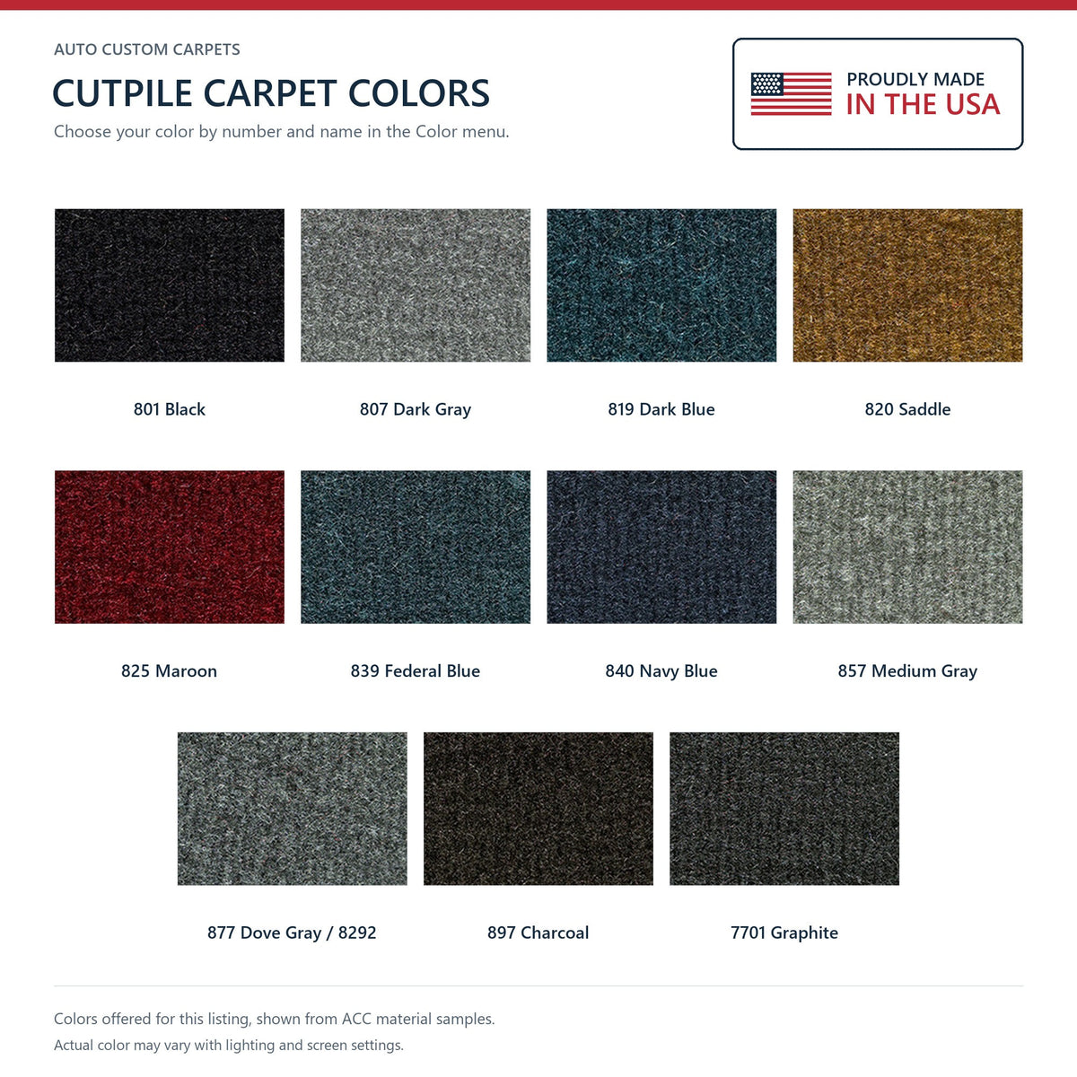 ACC Cutpile color options for this listing - Proudly Made in the USA