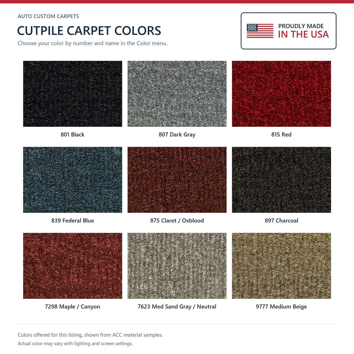 ACC Cutpile color options for this listing - Proudly Made in the USA