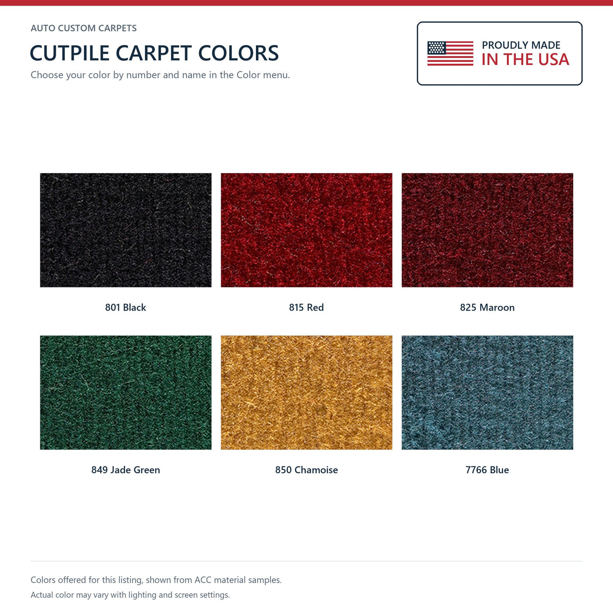 ACC Cutpile color options for this listing - Proudly Made in the USA