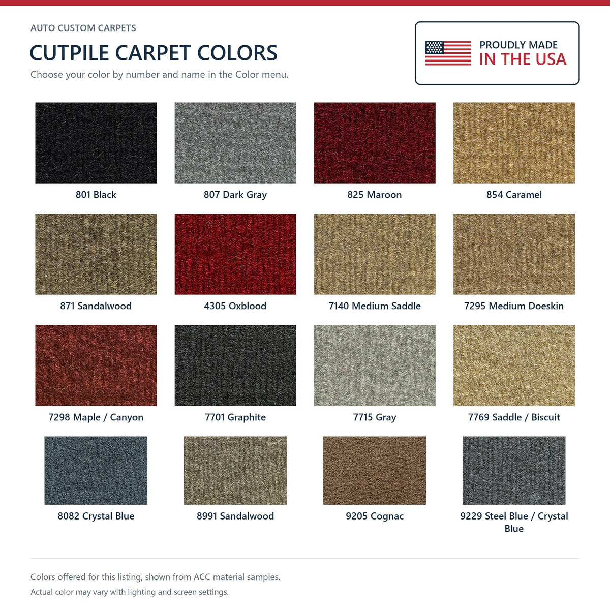 ACC Cutpile color options for this listing - Proudly Made in the USA