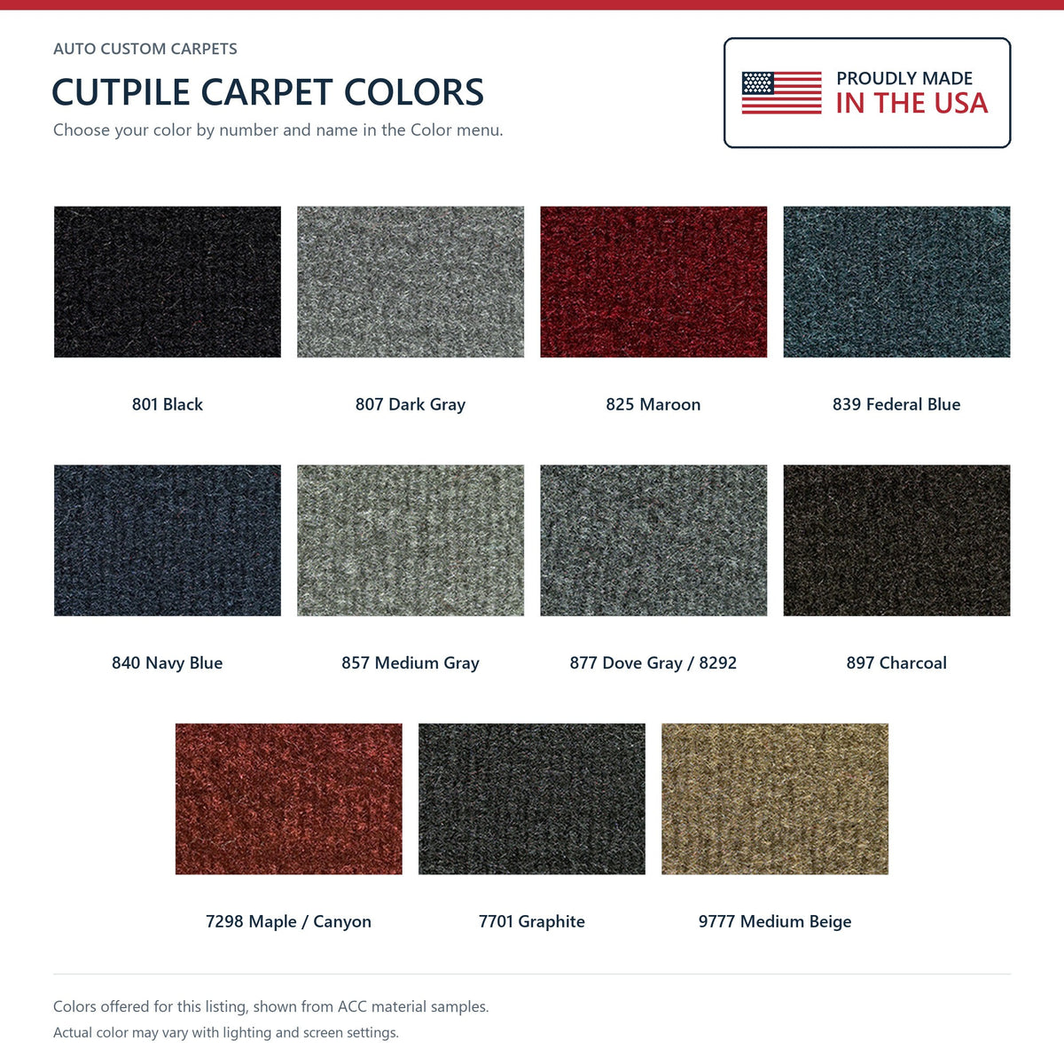 ACC Cutpile color options for this listing - Proudly Made in the USA