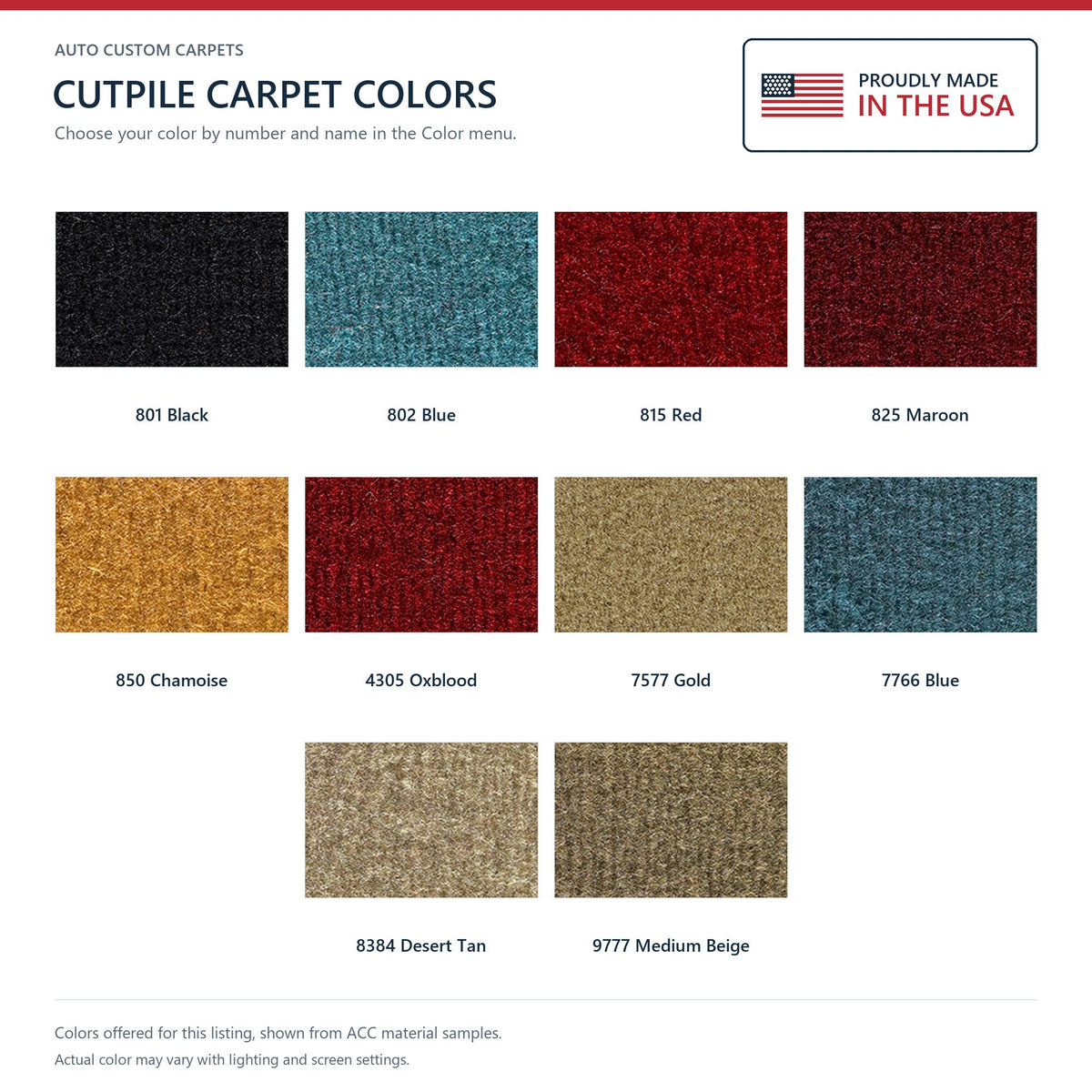 ACC Cutpile color options for this listing - Proudly Made in the USA