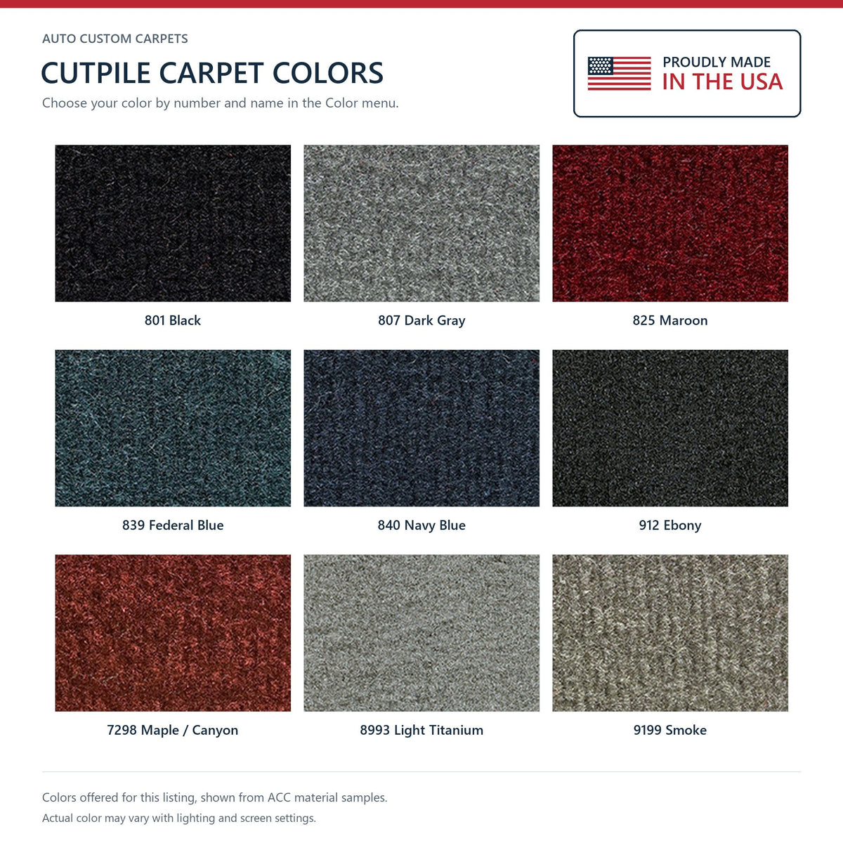 ACC Cutpile color options for this listing - Proudly Made in the USA