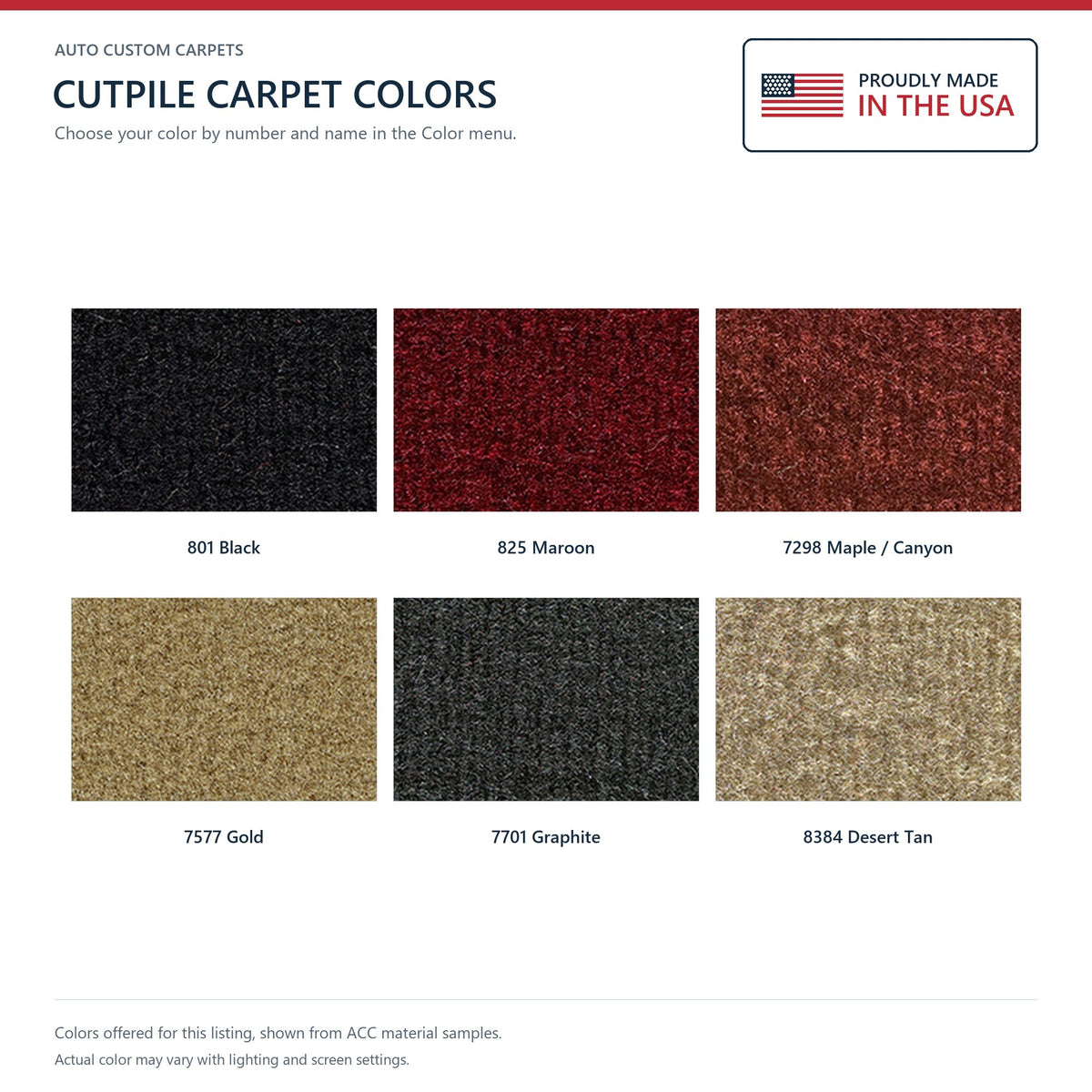 ACC Cutpile color options for this listing - Proudly Made in the USA