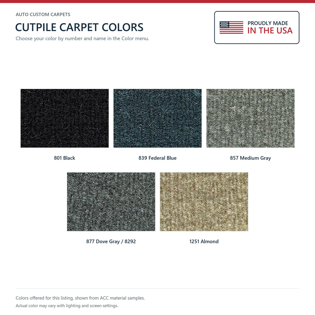 ACC Cutpile color options for this listing - Proudly Made in the USA
