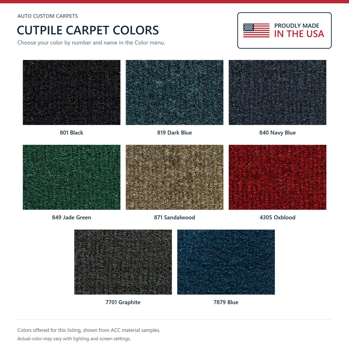 ACC Cutpile color options for this listing - Proudly Made in the USA