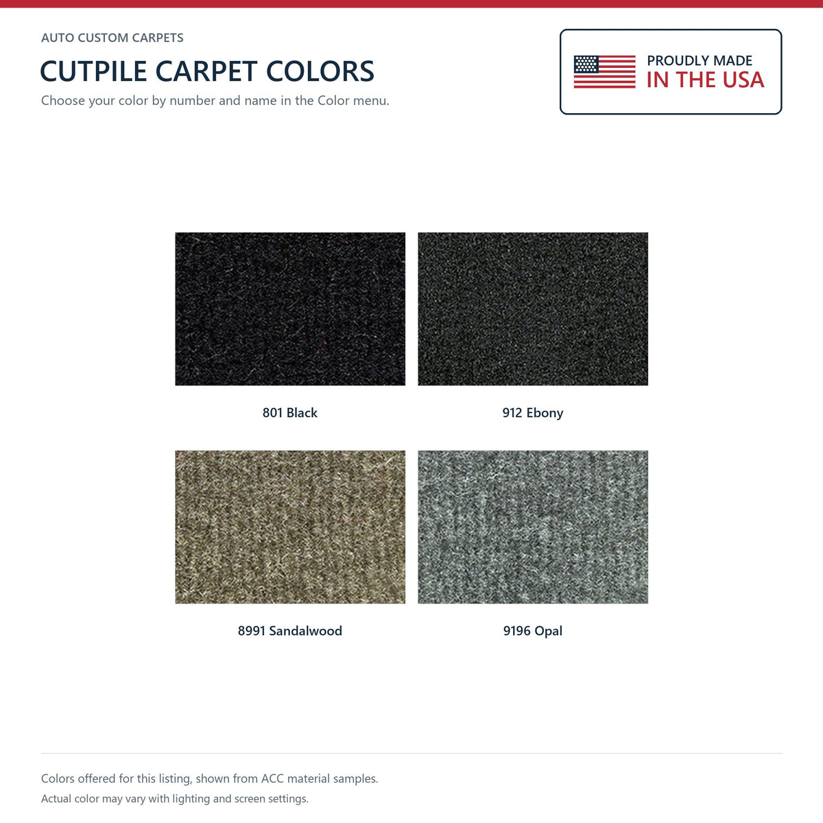 ACC Cutpile color options for this listing - Proudly Made in the USA