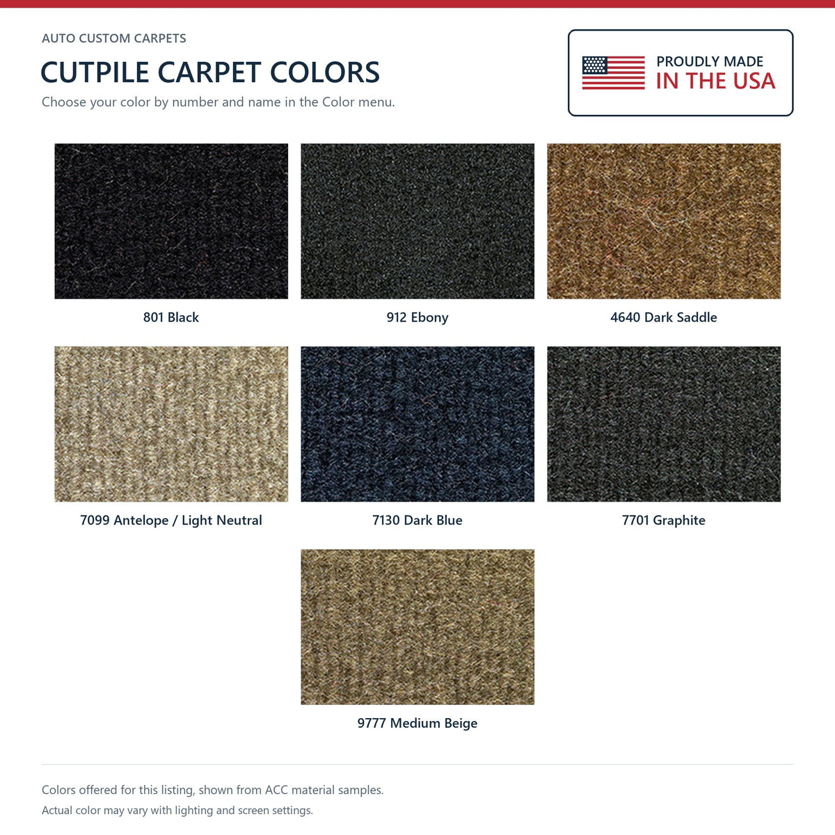ACC Cutpile color options for this listing - Proudly Made in the USA