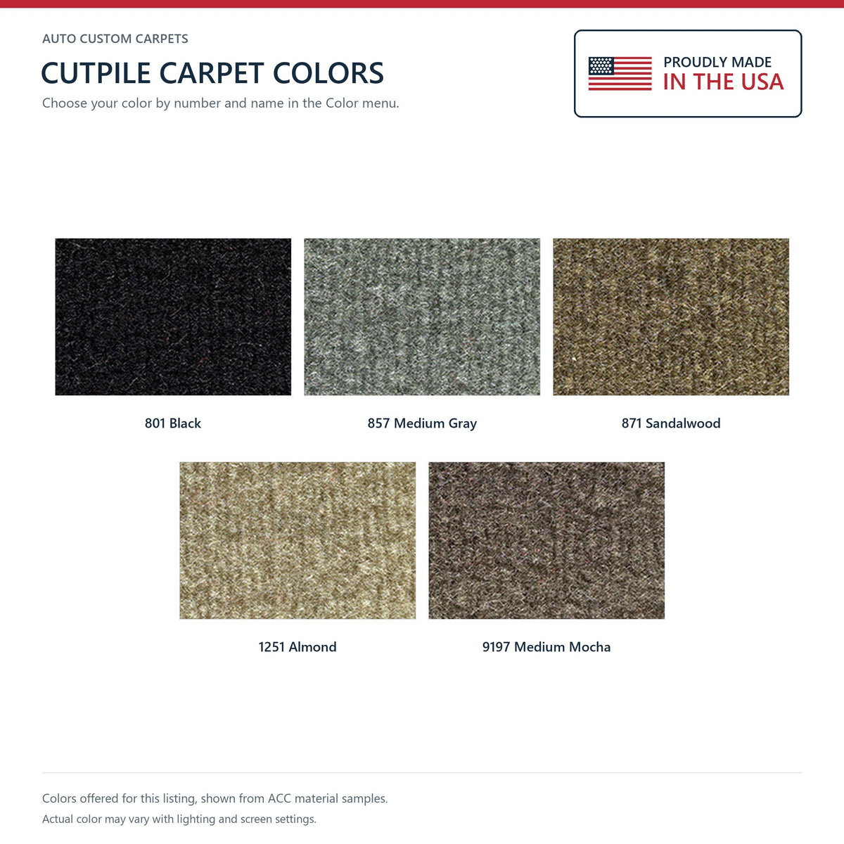 ACC Cutpile color options for this listing - Proudly Made in the USA