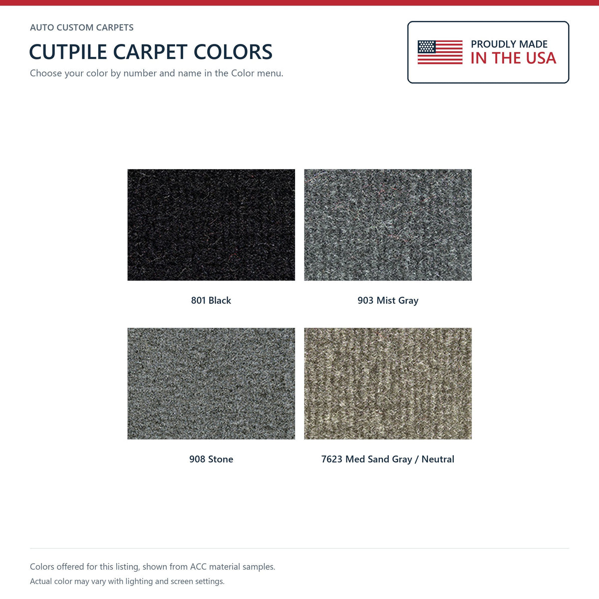 ACC Cutpile color options for this listing - Proudly Made in the USA