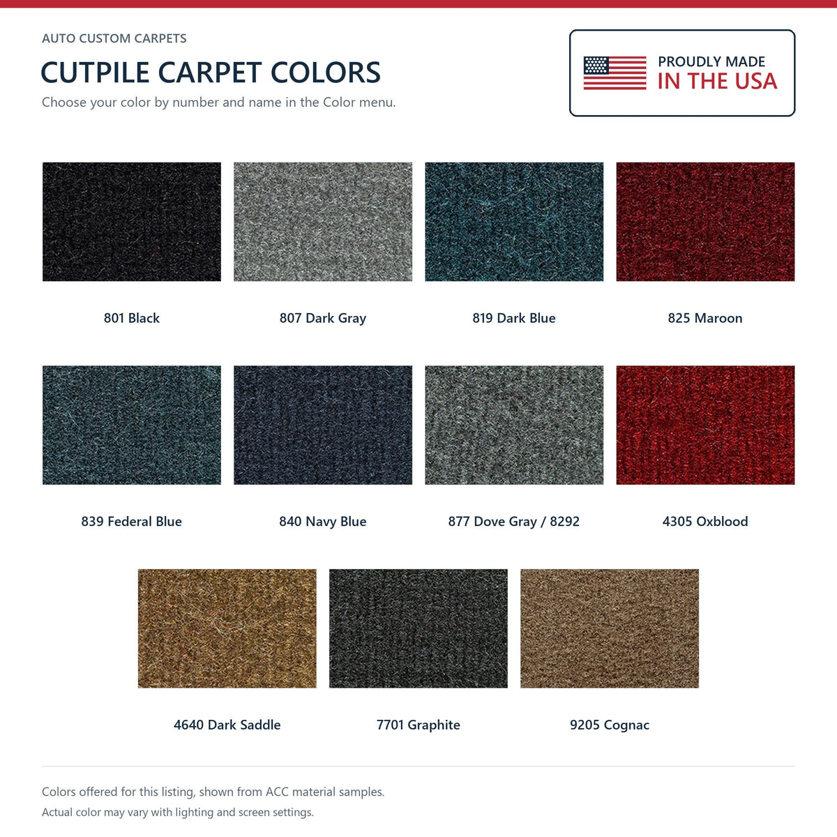 ACC Cutpile color options for this listing - Proudly Made in the USA