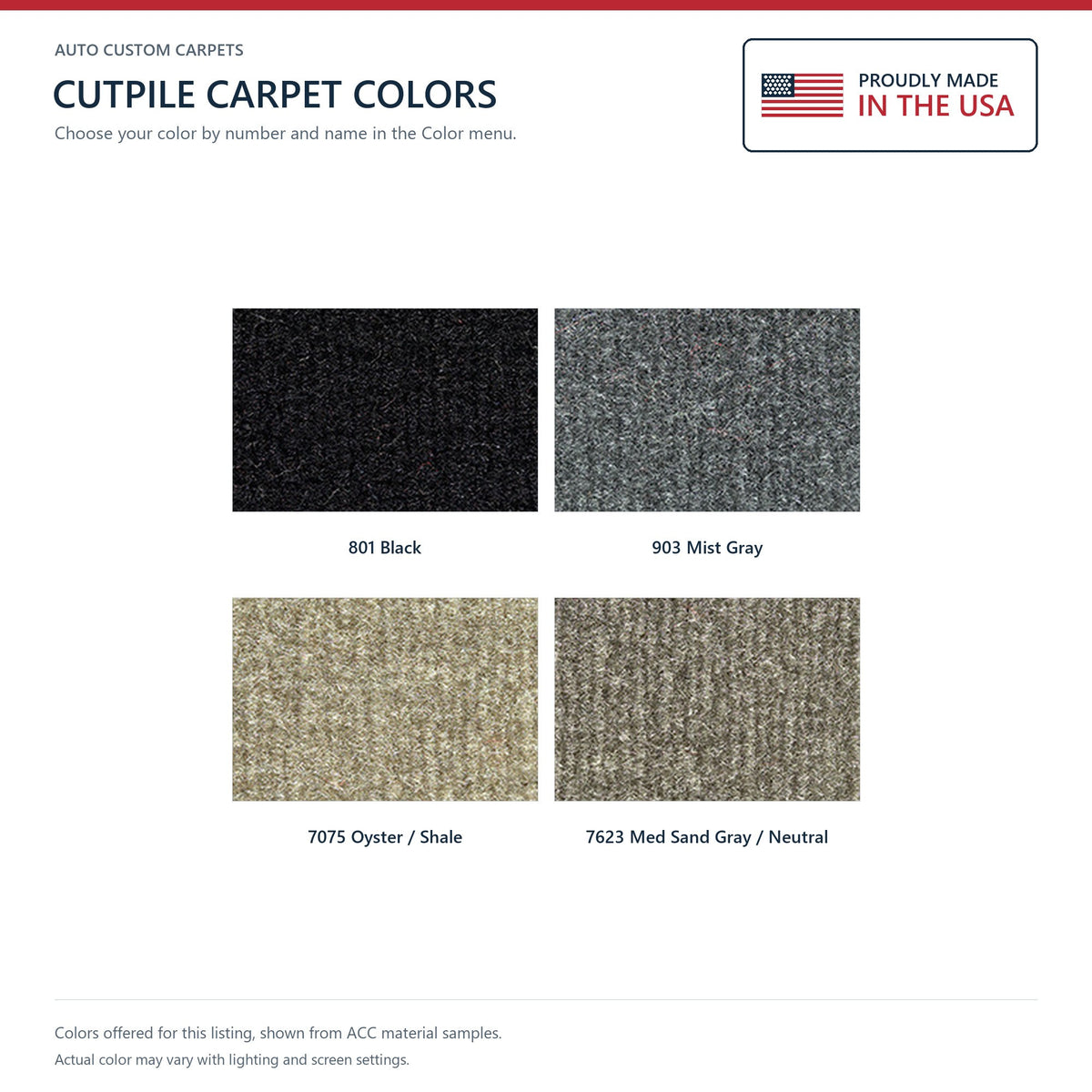 ACC Cutpile color options for this listing - Proudly Made in the USA