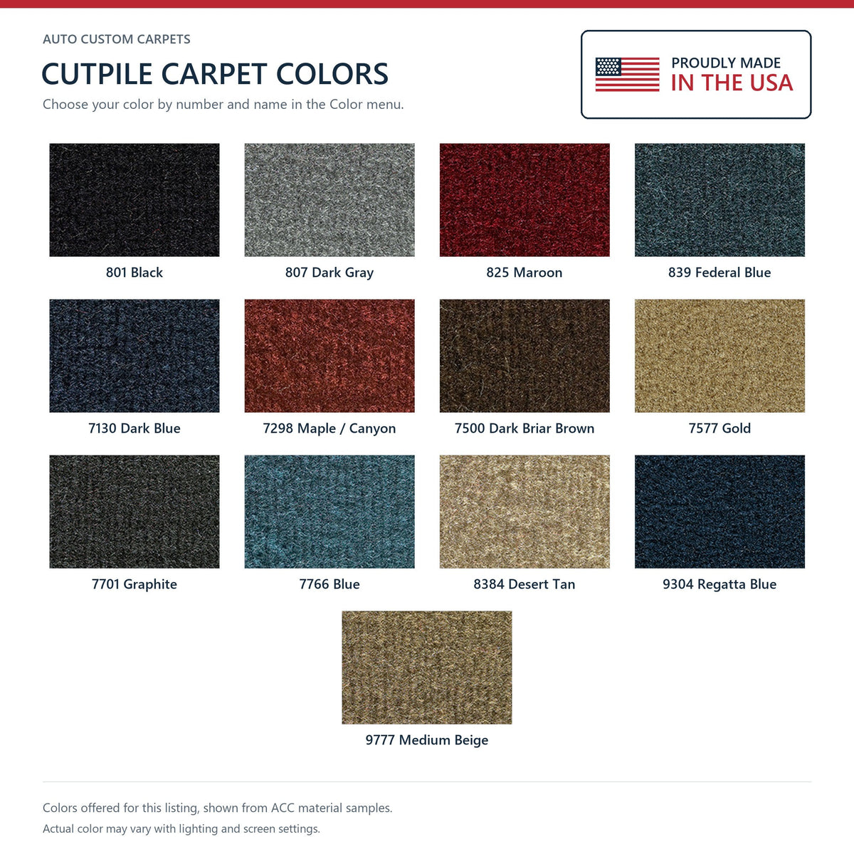 ACC Cutpile color options for this listing - Proudly Made in the USA