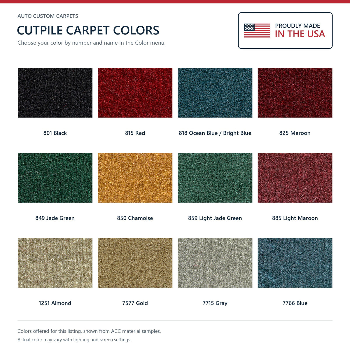ACC Cutpile color options for this listing - Proudly Made in the USA