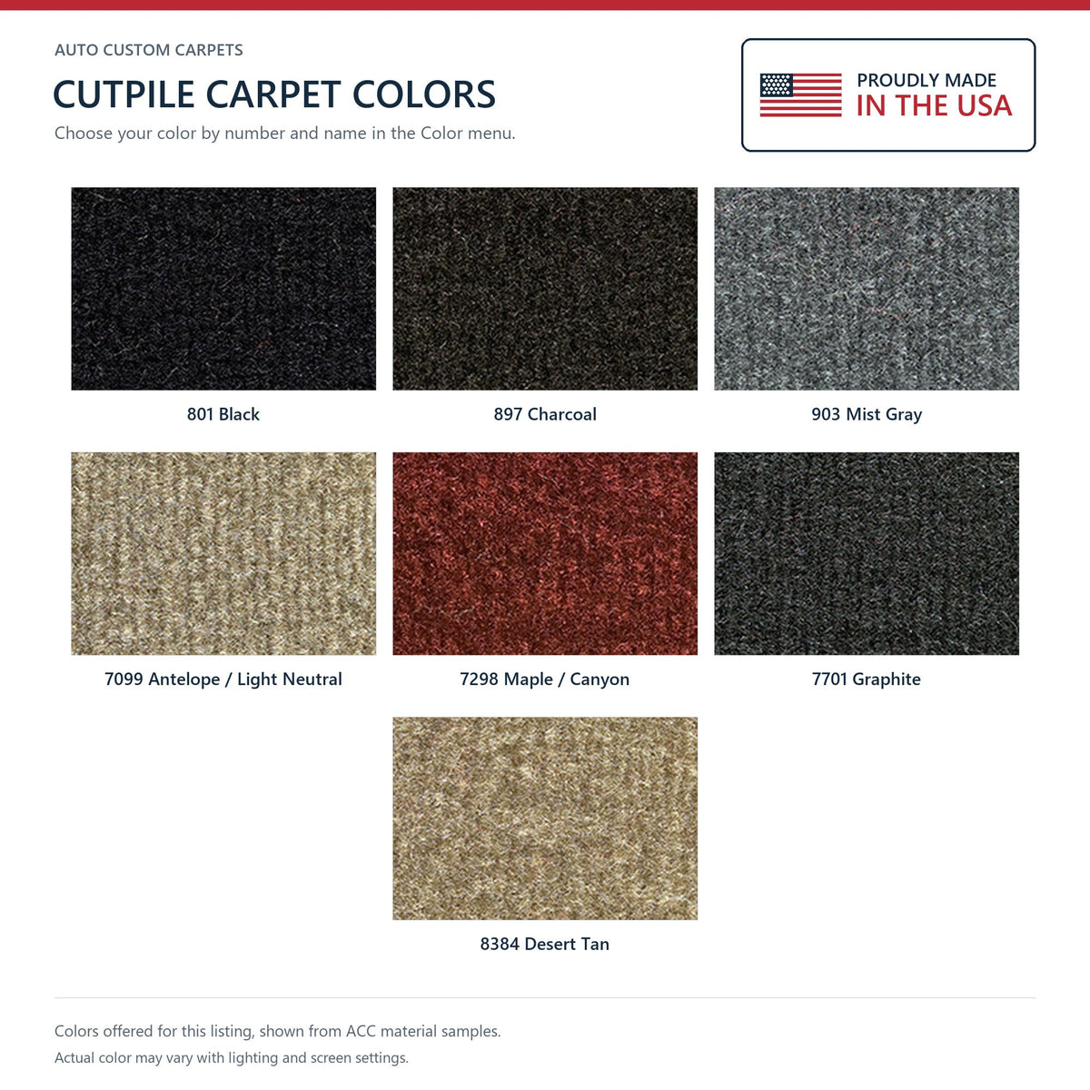 ACC Cutpile color options for this listing - Proudly Made in the USA