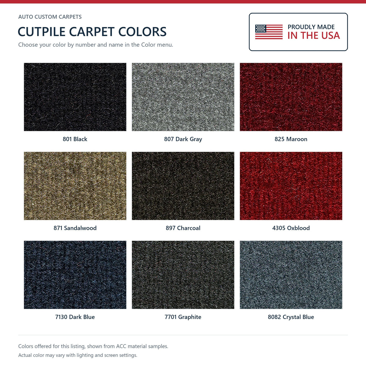 ACC Cutpile color options for this listing - Proudly Made in the USA
