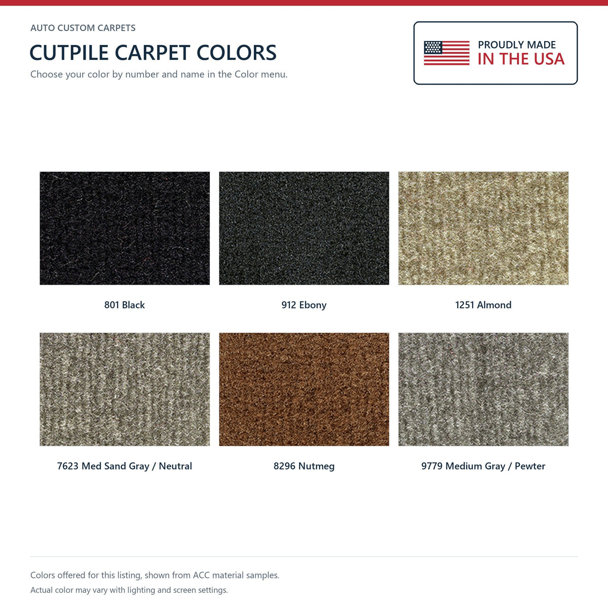 ACC Cutpile color options for this listing - Proudly Made in the USA