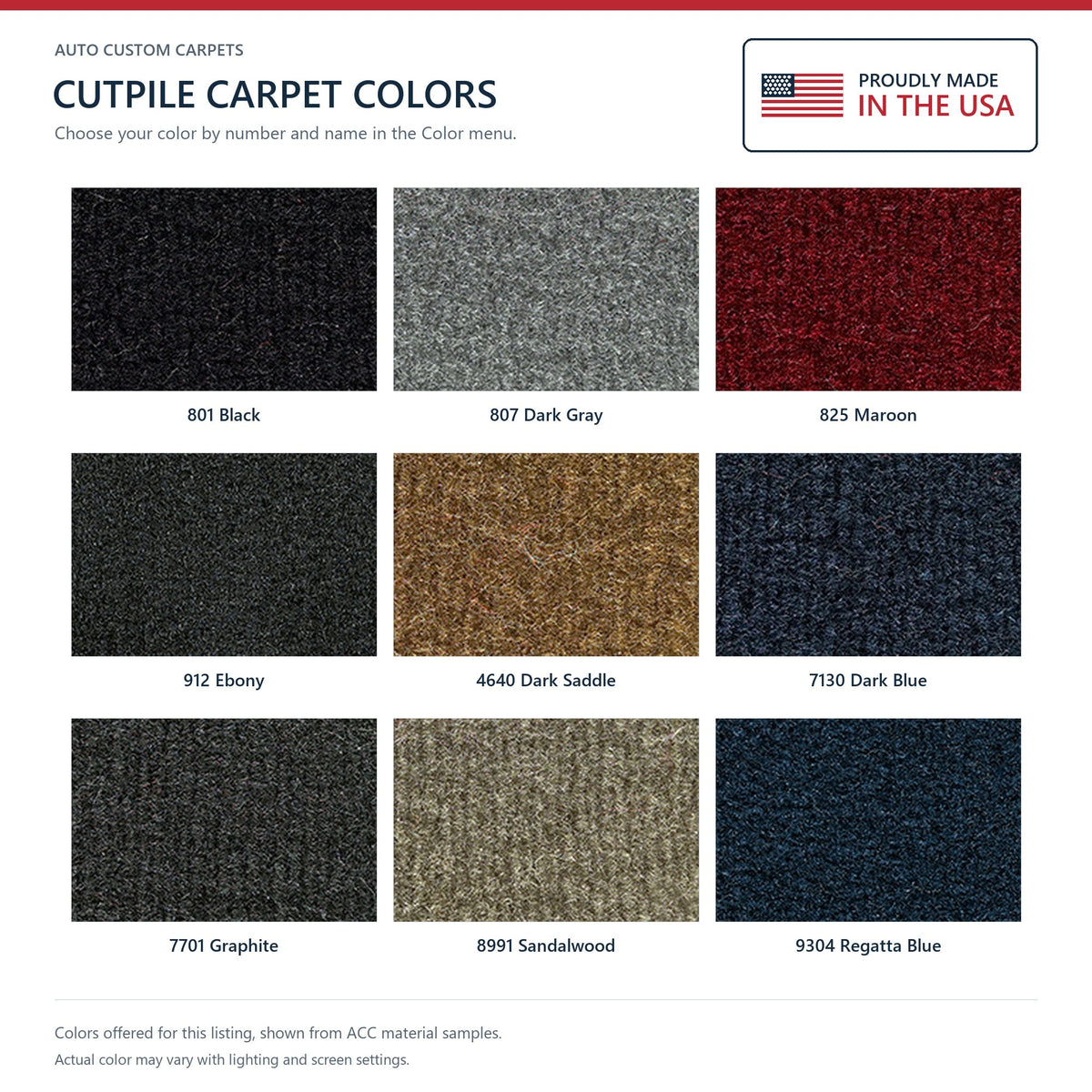 ACC Cutpile color options for this listing - Proudly Made in the USA