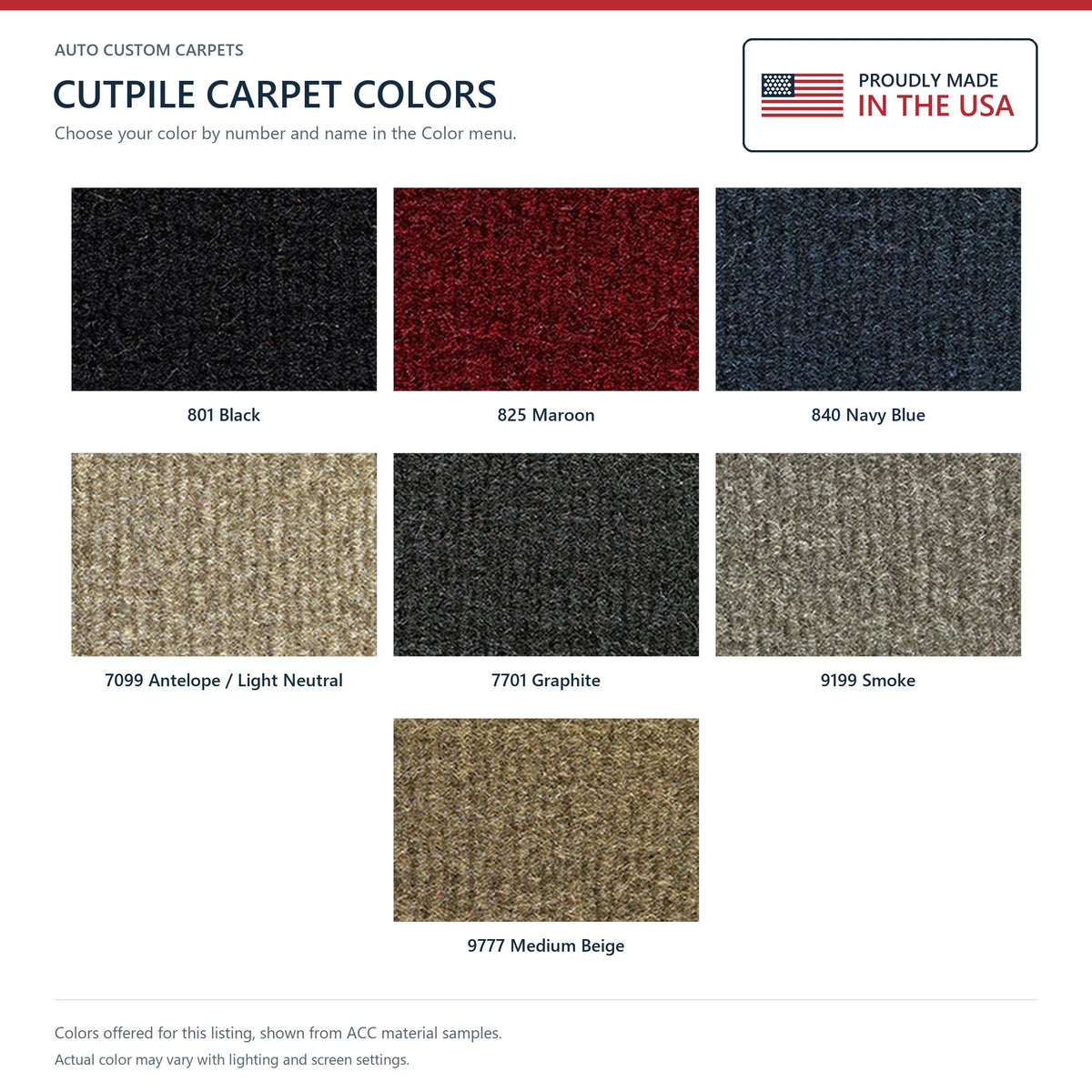 ACC Cutpile color options for this listing - Proudly Made in the USA