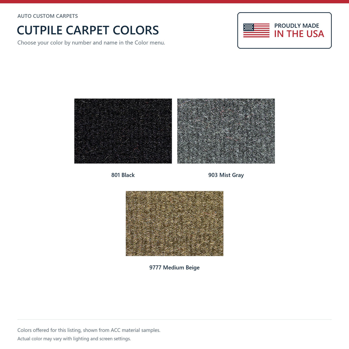 ACC Cutpile color options for this listing - Proudly Made in the USA