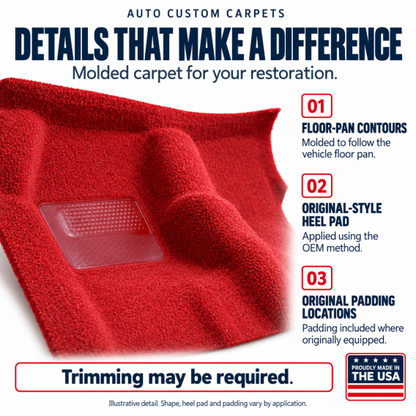 ACC molded carpet details: molded to follow the floor pan, original-style heel pad applied using ...