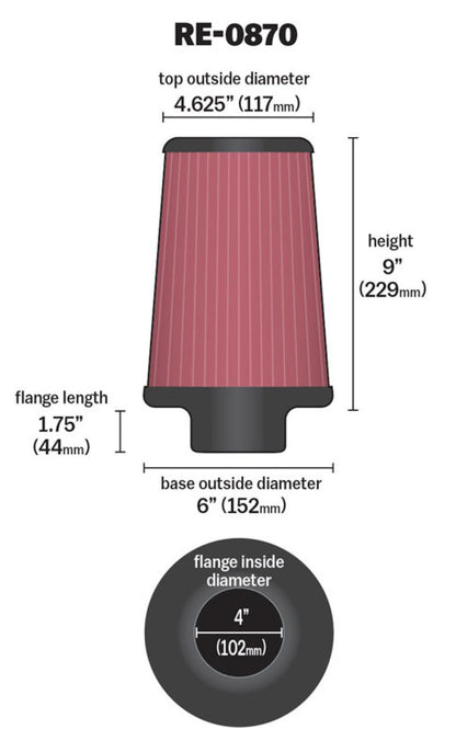 K&N 4 Inch Flange Inlet Universal Performance Air Filter RE-0870