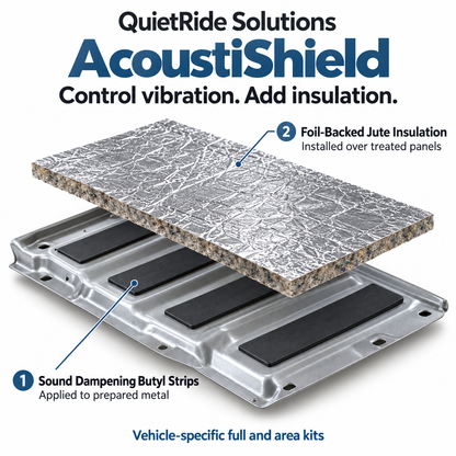 AcoustiShield material-system illustration: sound-dampening butyl strips followed by foil-backed jute insulation. Generic sample; pictured metal is vehicle structure and is not included. Shapes, quantities and coverage follow the exact kit.