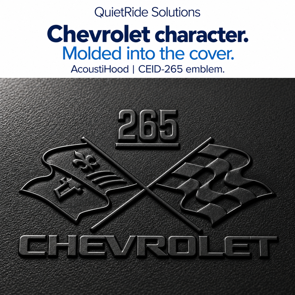 AcoustiHood CEID-265 emblem detail illustration showing the offered artwork as black molded relief on rigid leather-grain ABS. Generated, not a macro photograph of a manufactured part; texture, relief, scale and placement are illustrative estimates.