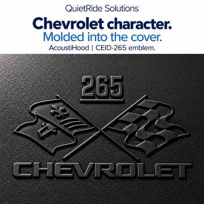 AcoustiHood CEID-265 emblem detail illustration showing the offered artwork as black molded relief on rigid leather-grain ABS. Generated, not a macro photograph of a manufactured part; texture, relief, scale and placement are illustrative estimates.