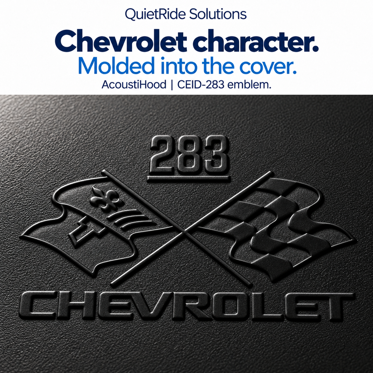 AcoustiHood CEID-283 emblem detail illustration showing the offered artwork as black molded relief on rigid leather-grain ABS. Generated, not a macro photograph of a manufactured part; texture, relief, scale and placement are illustrative estimates.