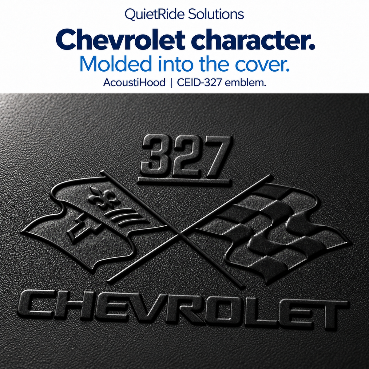 AcoustiHood CEID-327 emblem detail illustration showing the offered artwork as black molded relief on rigid leather-grain ABS. Generated, not a macro photograph of a manufactured part; texture, relief, scale and placement are illustrative estimates.