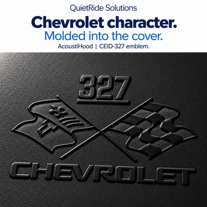 AcoustiHood CEID-327 emblem detail illustration showing the offered artwork as black molded relief on rigid leather-grain ABS. Generated, not a macro photograph of a manufactured part; texture, relief, scale and placement are illustrative estimates.