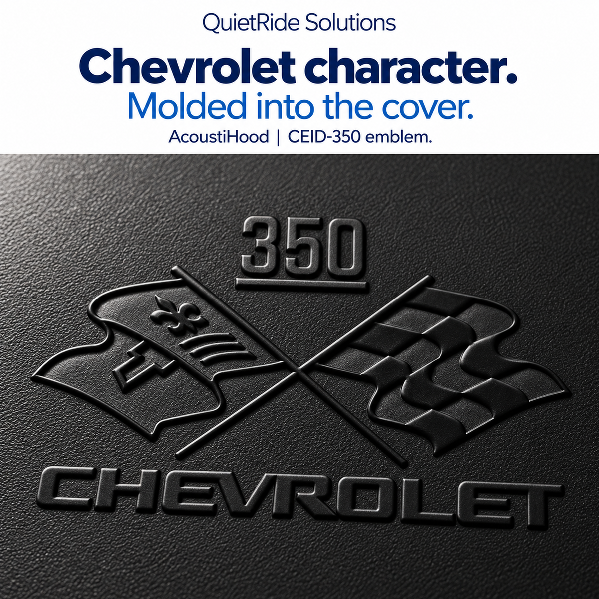 AcoustiHood CEID-350 emblem detail illustration showing the offered artwork as black molded relief on rigid leather-grain ABS. Generated, not a macro photograph of a manufactured part; texture, relief, scale and placement are illustrative estimates.