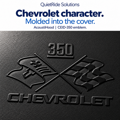 AcoustiHood CEID-350 emblem detail illustration showing the offered artwork as black molded relief on rigid leather-grain ABS. Generated, not a macro photograph of a manufactured part; texture, relief, scale and placement are illustrative estimates.