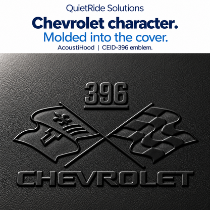 AcoustiHood CEID-396 emblem detail illustration showing the offered artwork as black molded relief on rigid leather-grain ABS. Generated, not a macro photograph of a manufactured part; texture, relief, scale and placement are illustrative estimates.