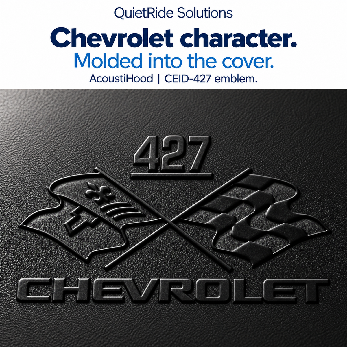 AcoustiHood CEID-427 emblem detail illustration showing the offered artwork as black molded relief on rigid leather-grain ABS. Generated, not a macro photograph of a manufactured part; texture, relief, scale and placement are illustrative estimates.