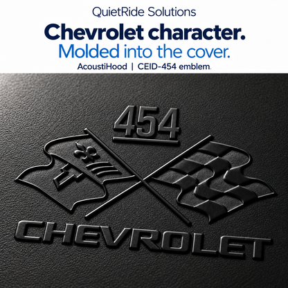 AcoustiHood CEID-454 emblem detail illustration showing the offered artwork as black molded relief on rigid leather-grain ABS. Generated, not a macro photograph of a manufactured part; texture, relief, scale and placement are illustrative estimates.