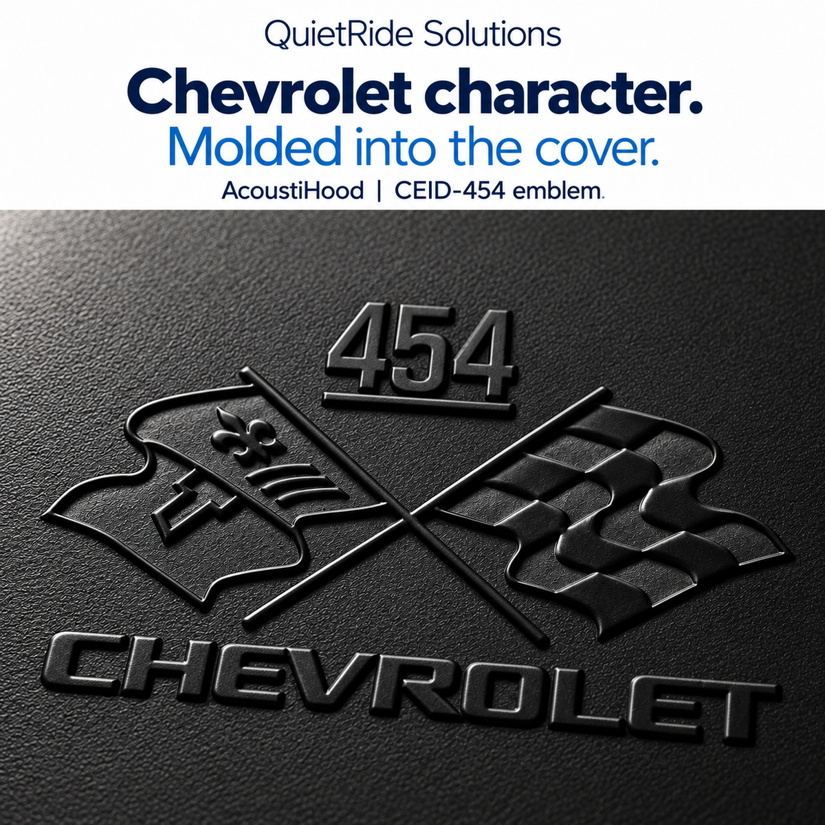 AcoustiHood CEID-454 emblem detail illustration showing the offered artwork as black molded relief on rigid leather-grain ABS. Generated, not a macro photograph of a manufactured part; texture, relief, scale and placement are illustrative estimates.